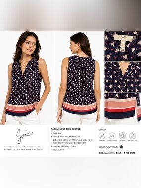 Joie Navy Multi Geometric Silk Sleeveless Blouse
